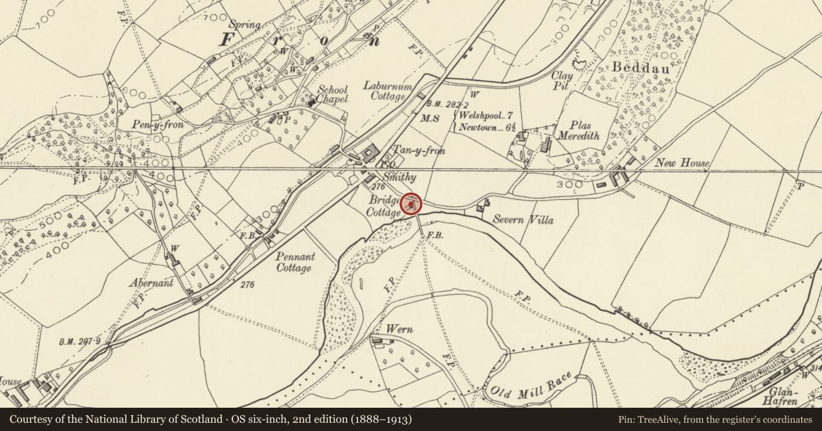 Ordnance Survey six-inch map, 2nd edition (1888–1913) covering the location of Bridge Cottage, Berriew, Powys, with a pin at the register's coordinates
