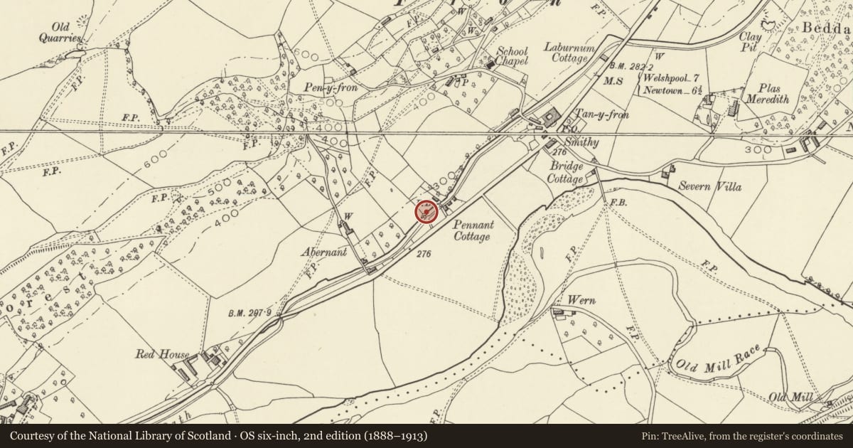 Ordnance Survey six-inch map, 2nd edition (1888–1913) covering the location of Bridge 139 over The Montgomeryshire Canal, Berriew, Powys, with a pin at the register's coordinates
