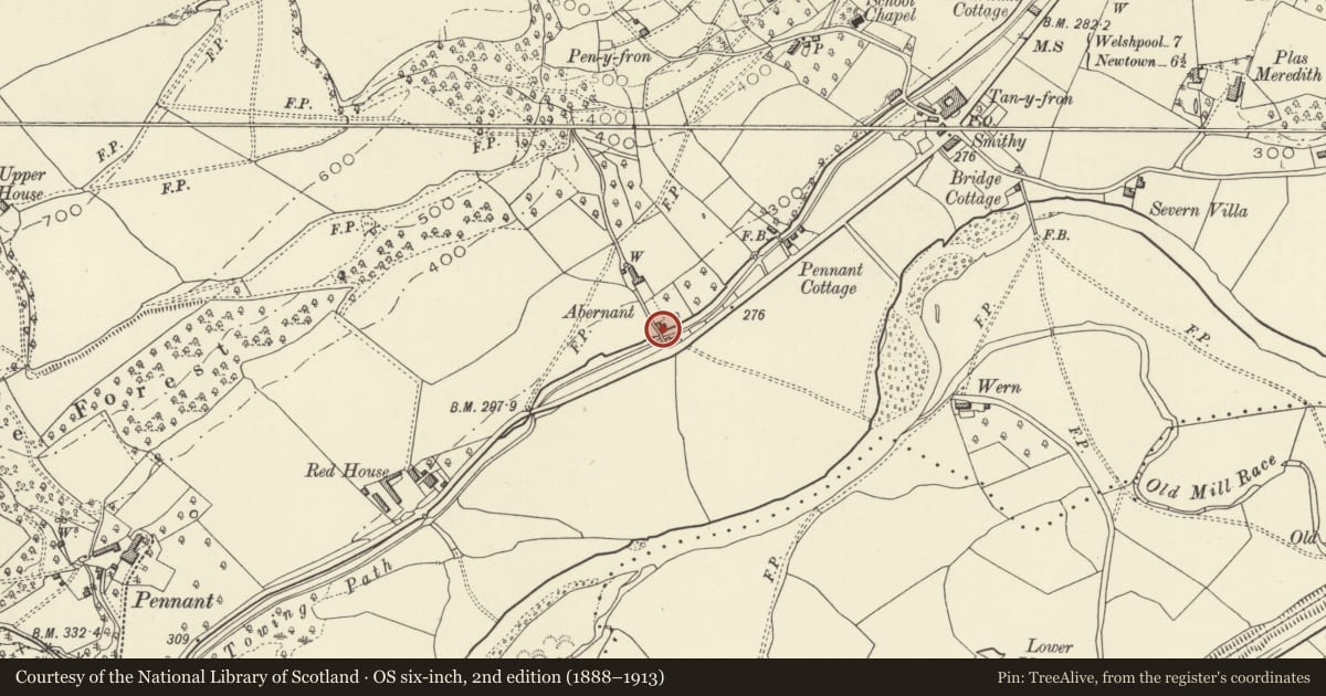Ordnance Survey six-inch map, 2nd edition (1888–1913) covering the location of Bridge 140 over The Canal, Berriew, Powys, with a pin at the register's coordinates