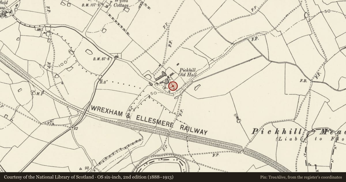 Ordnance Survey six-inch map, 2nd edition (1888–1913) covering the location of Dovecote at Pickhill Old Hall, Sesswick, Wrexham, with a pin at the register's coordinates