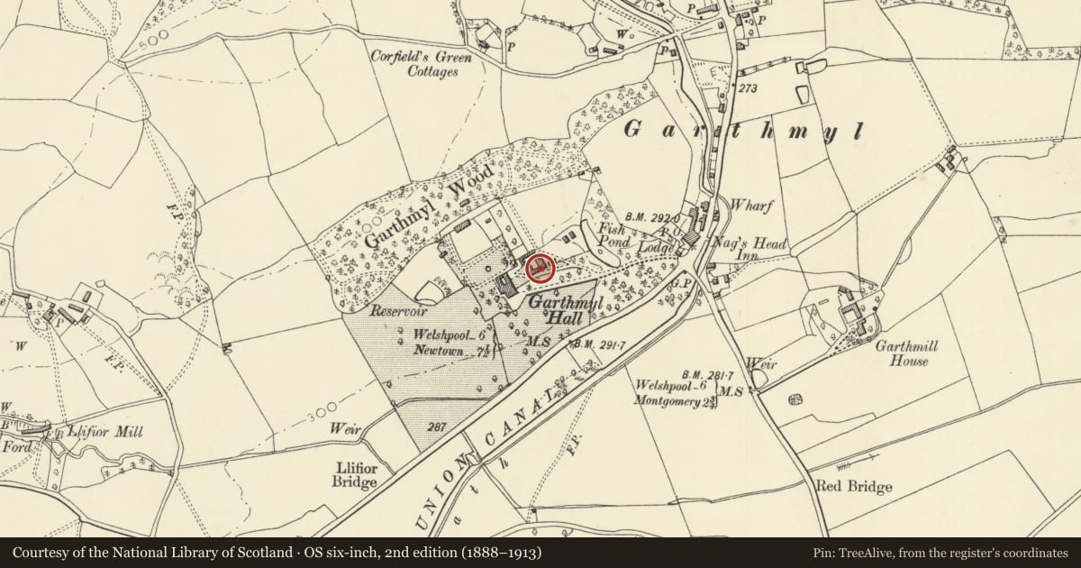 Ordnance Survey six-inch map, 2nd edition (1888–1913) covering the location of Stables at Garthmyl Hall, Berriew, Powys, with a pin at the register's coordinates