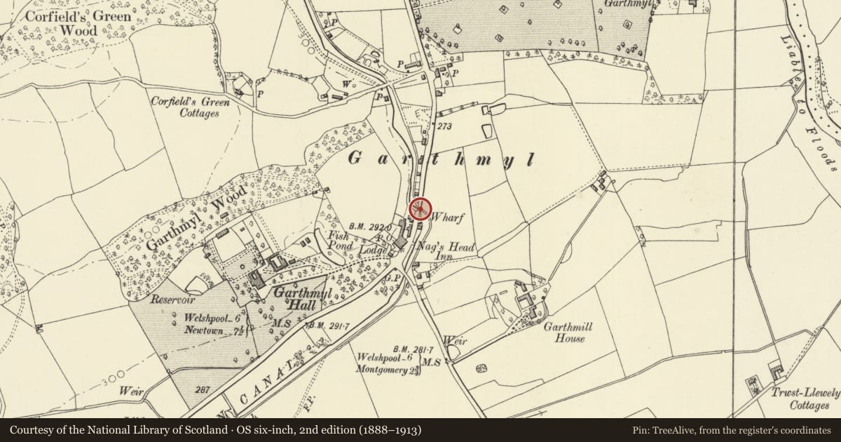 Ordnance Survey six-inch map, 2nd edition (1888–1913) covering the location of Bridge 131 over The Montgomeryshire Canal, Berriew, Powys, with a pin at the register's coordinates