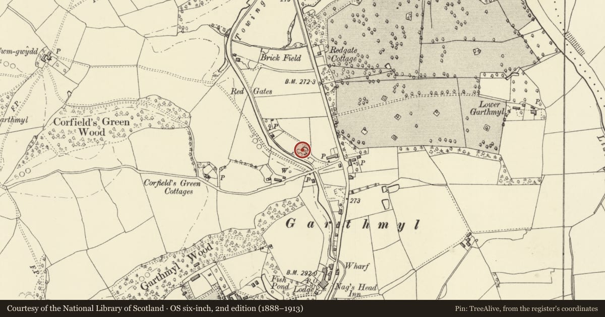 Ordnance Survey six-inch map, 2nd edition (1888–1913) covering the location of Middle Lime-Kiln Bank at Garthmyl, Berriew, Powys, with a pin at the register's coordinates