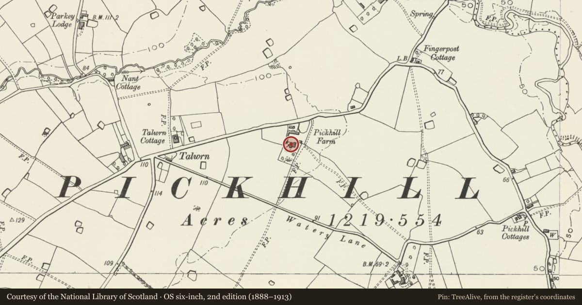 Ordnance Survey six-inch map, 2nd edition (1888–1913) covering the location of Pickhill Farmhouse, Sesswick, Wrexham, with a pin at the register's coordinates