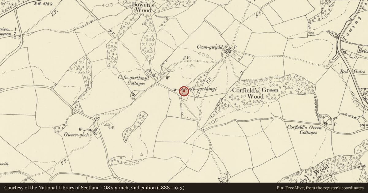 Ordnance Survey six-inch map, 2nd edition (1888–1913) covering the location of Cefn Garthmyl Farmhouse, Berriew, Powys, with a pin at the register's coordinates