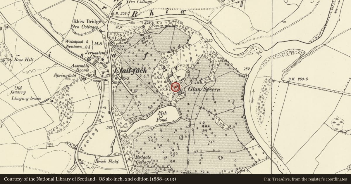 Ordnance Survey six-inch map, 2nd edition (1888–1913) covering the location of Former Brew-House at Glansevern Hall, Berriew, Powys, with a pin at the register's coordinates