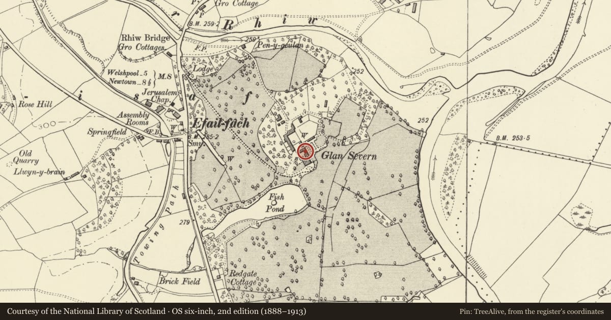 Ordnance Survey six-inch map, 2nd edition (1888–1913) covering the location of Coach House at Glansevern Hall (including Courtyard Wall, Gate-Piers and Gates), Berriew, Powys, with a pin at the register's coordinates