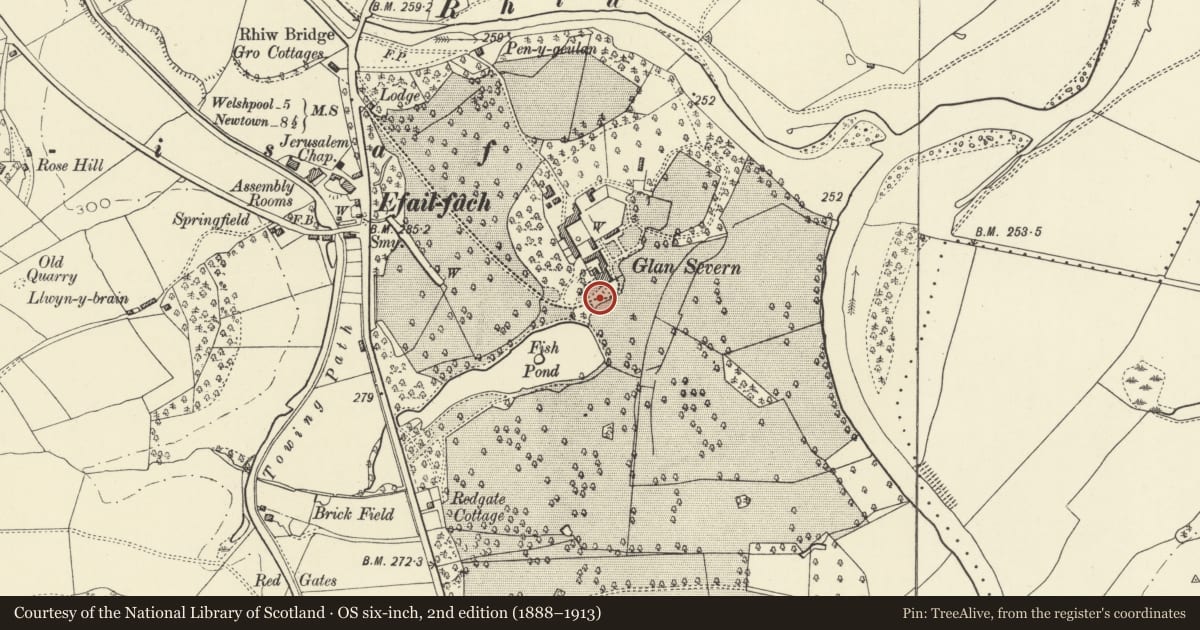 Ordnance Survey six-inch map, 2nd edition (1888–1913) covering the location of Gates, Gate Piers and Railings in the garden at Glansevern, Berriew, Powys, with a pin at the register's coordinates