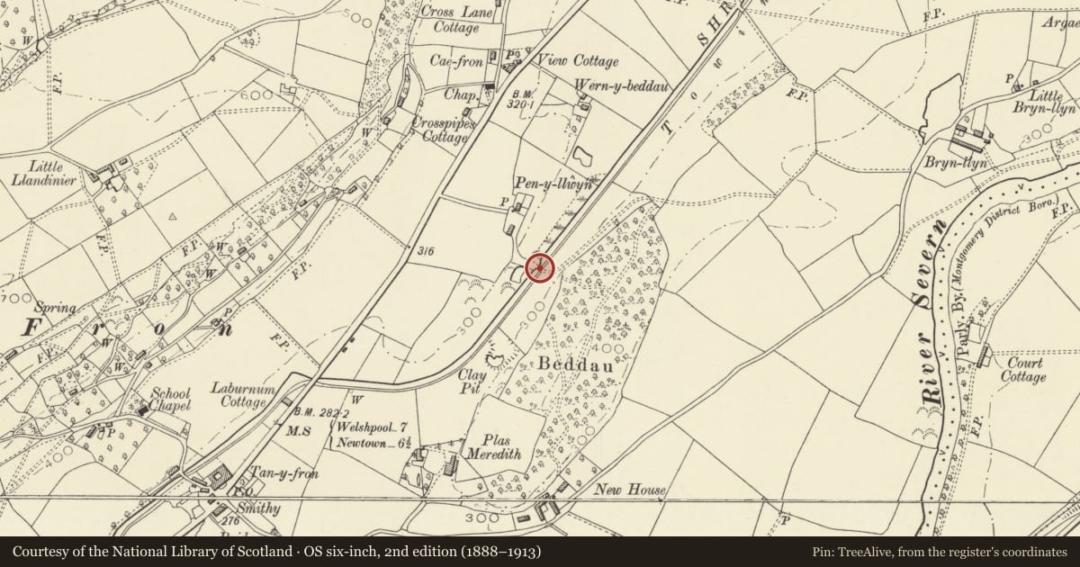 Ordnance Survey six-inch map, 2nd edition (1888–1913) covering the location of Bridge 135 over The Montgomeryshire Canal, Berriew, Powys, with a pin at the register's coordinates