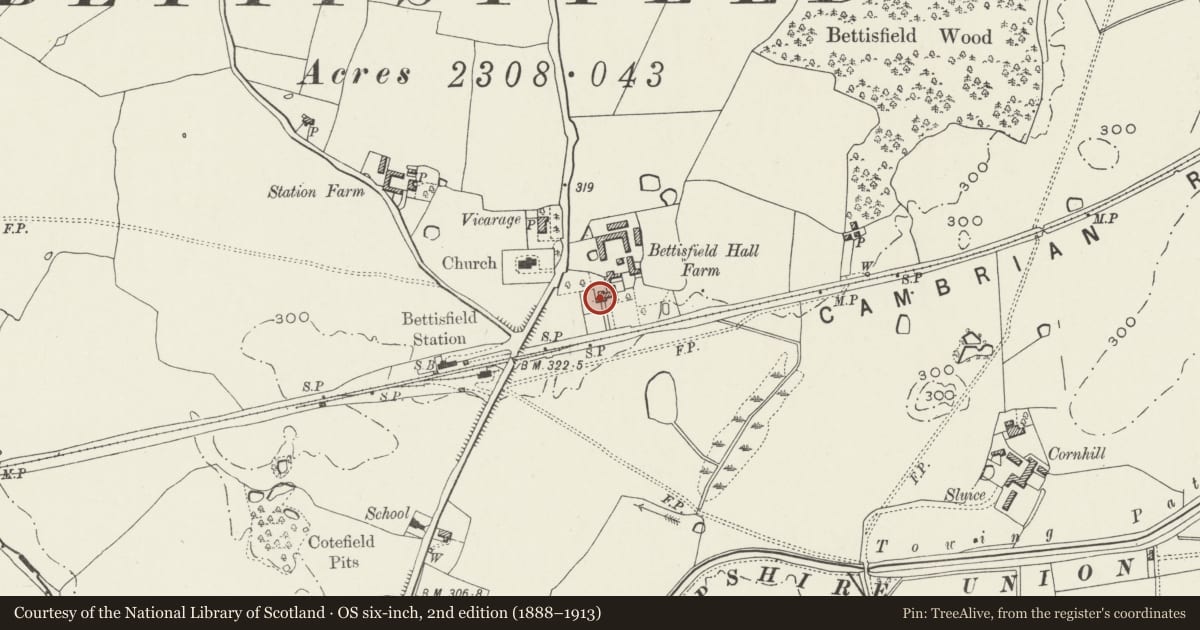 Ordnance Survey six-inch map, 2nd edition (1888–1913) covering the location of Bettisfield Hall, Maelor South, Wrexham, with a pin at the register's coordinates