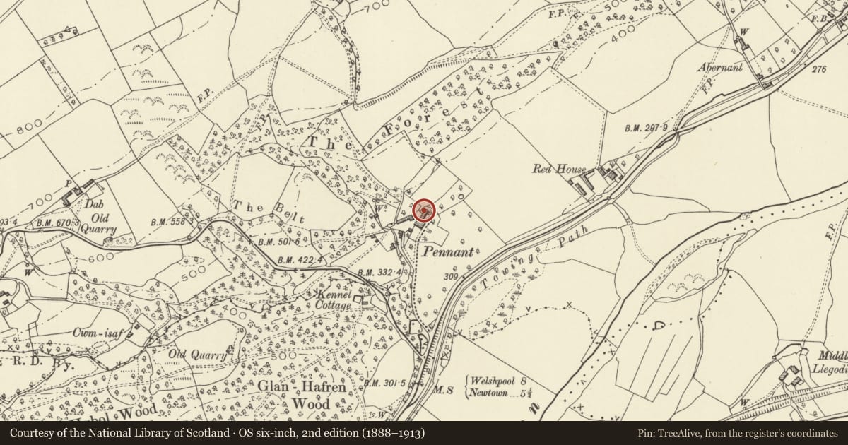 Ordnance Survey six-inch map, 2nd edition (1888–1913) covering the location of Laundry Buildings at Pennant, Berriew, Powys, with a pin at the register's coordinates