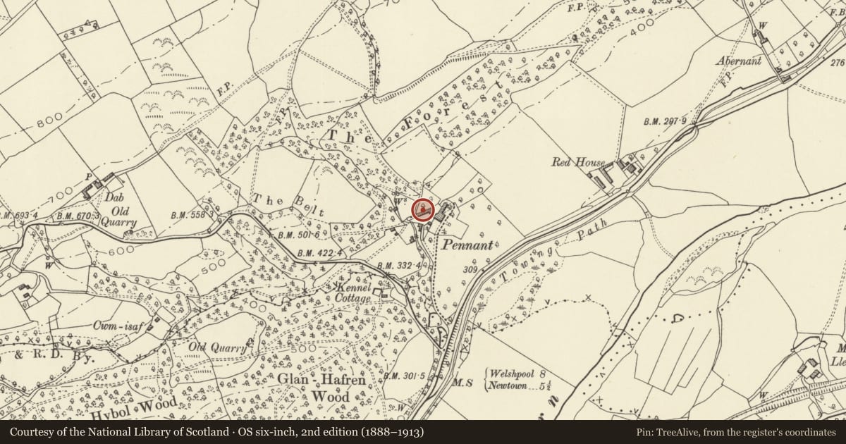 Ordnance Survey six-inch map, 2nd edition (1888–1913) covering the location of Outbuilding at Pennant, Berriew, Powys, with a pin at the register's coordinates