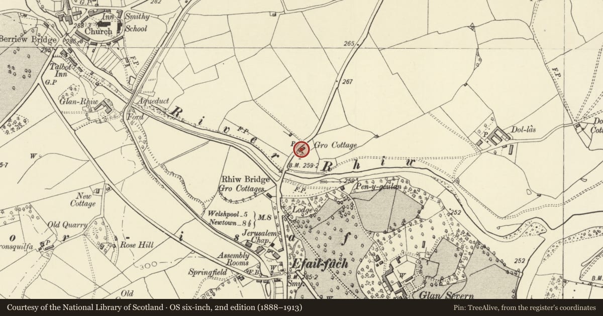 Ordnance Survey six-inch map, 2nd edition (1888–1913) covering the location of Gro Cottage, Berriew, Powys, with a pin at the register's coordinates