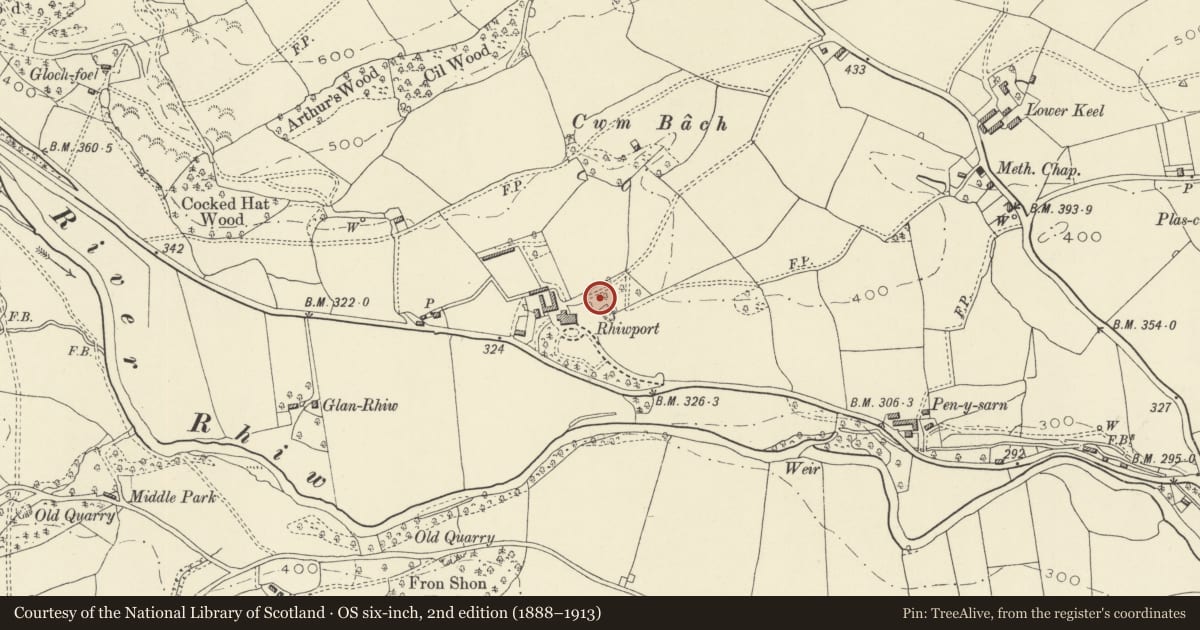 Ordnance Survey six-inch map, 2nd edition (1888–1913) covering the location of Stable Block at Rhiewport, Berriew, Powys, with a pin at the register's coordinates