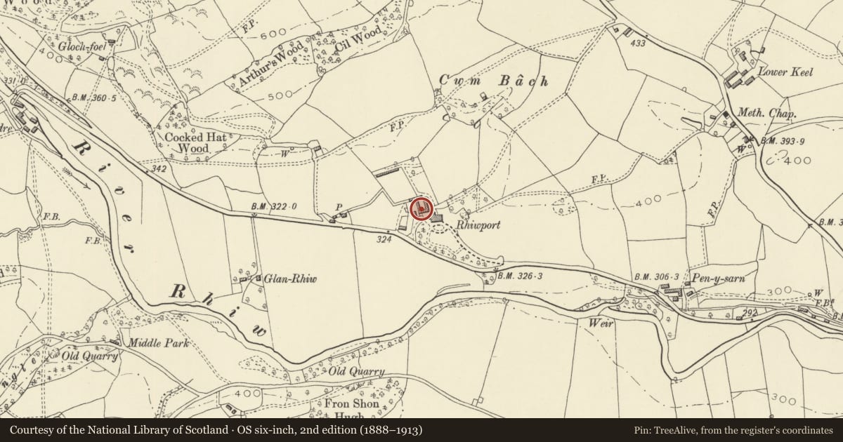 Ordnance Survey six-inch map, 2nd edition (1888–1913) covering the location of Former Joiners Workshop at Rhiewport, Berriew, Powys, with a pin at the register's coordinates