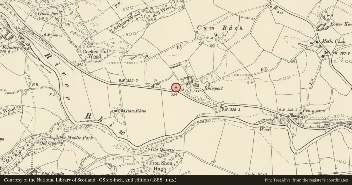Ordnance Survey six-inch map, 2nd edition (1888–1913) covering the location of Rhiewport Cottage, Berriew, Powys, with a pin at the register's coordinates