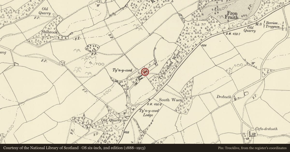 Ordnance Survey six-inch map, 2nd edition (1888–1913) covering the location of Ty'n-y-Coed Farmhouse, Berriew, Powys, with a pin at the register's coordinates