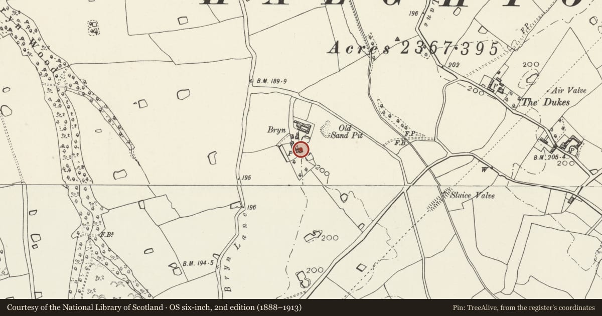 Ordnance Survey six-inch map, 2nd edition (1888–1913) covering the location of The Bryn, Hanmer, Wrexham, with a pin at the register's coordinates