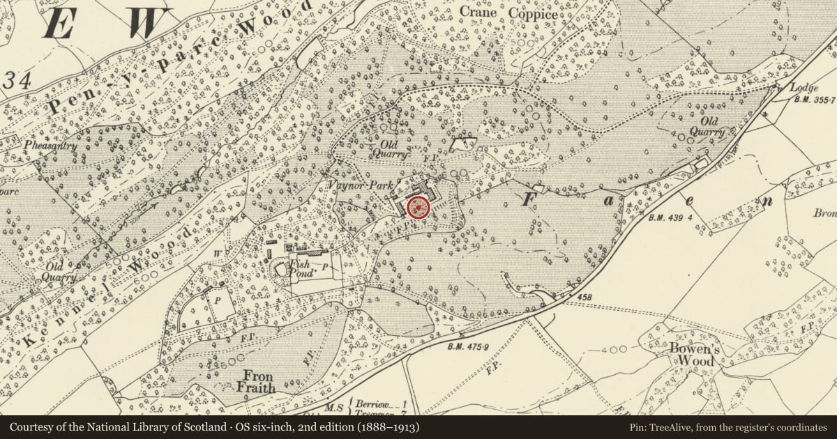Ordnance Survey six-inch map, 2nd edition (1888–1913) covering the location of Garden Terraces at Vaynor Park, Berriew, Powys, with a pin at the register's coordinates