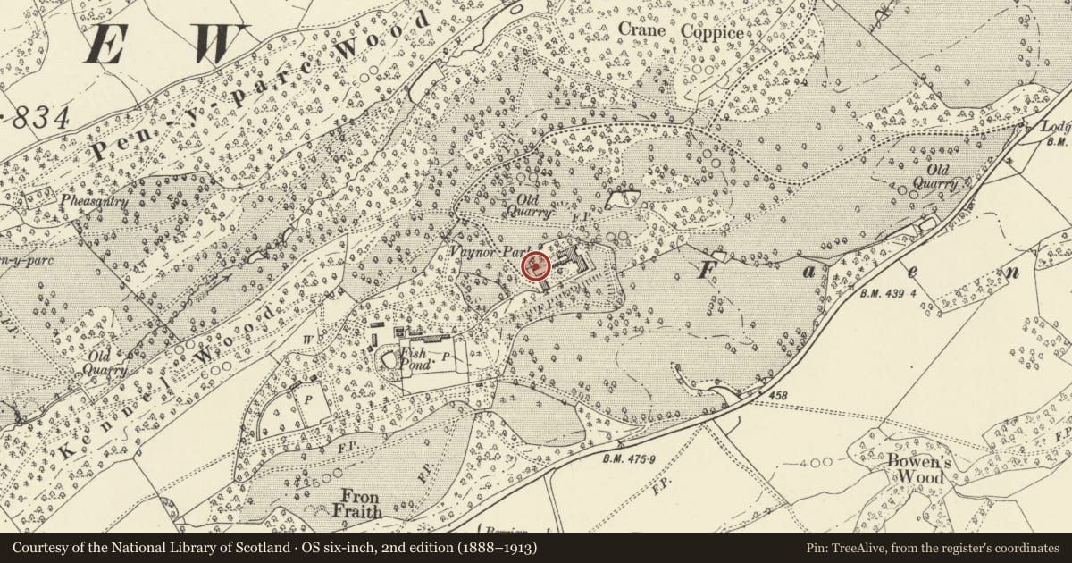 Ordnance Survey six-inch map, 2nd edition (1888–1913) covering the location of Coach House, Gate Piers, Gated and Flanking Wall at Vaynor Park, Berriew, Powys, with a pin at the register's coordinates