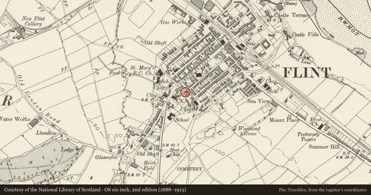 Ordnance Survey six-inch map, 2nd edition (1888–1913) covering the location of War Memorial (CENOTAPH), Flint, Flintshire, with a pin at the register's coordinates