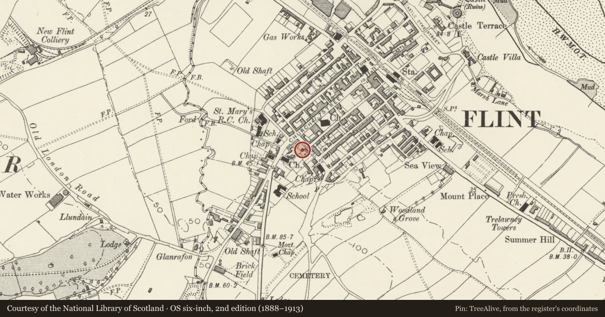 Ordnance Survey six-inch map, 2nd edition (1888–1913) covering the location of South African War Memorial, Flint, Flintshire, with a pin at the register's coordinates