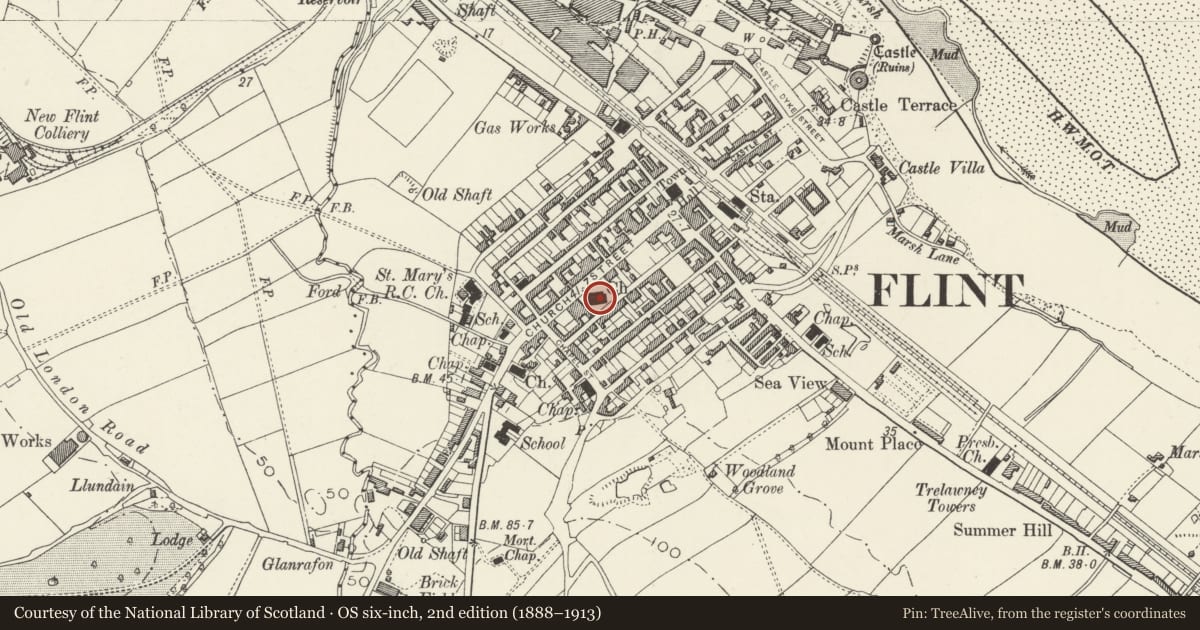 Ordnance Survey six-inch map, 2nd edition (1888–1913) covering the location of St Mary Church, Flint, Flintshire, with a pin at the register's coordinates