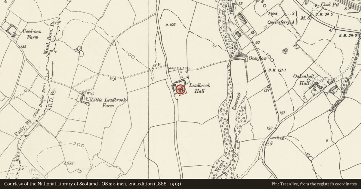 Ordnance Survey six-inch map, 2nd edition (1888–1913) covering the location of Leadbrook Hall, Flint, Flintshire, with a pin at the register's coordinates