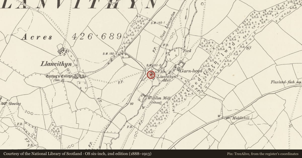 Ordnance Survey six-inch map, 2nd edition (1888–1913) covering the location of Llanfythin Millhouse, Llancarfan, Vale of Glamorgan, with a pin at the register's coordinates