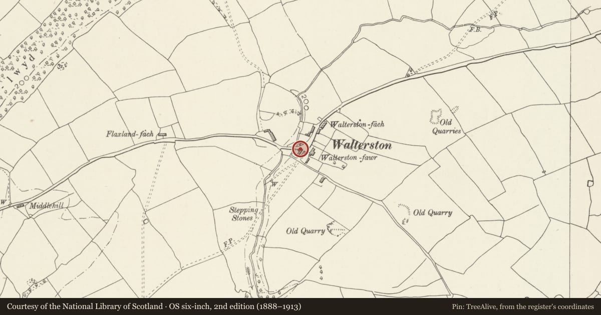 Ordnance Survey six-inch map, 2nd edition (1888–1913) covering the location of Barn at Trewallter Fawr, Llancarfan, Vale of Glamorgan, with a pin at the register's coordinates