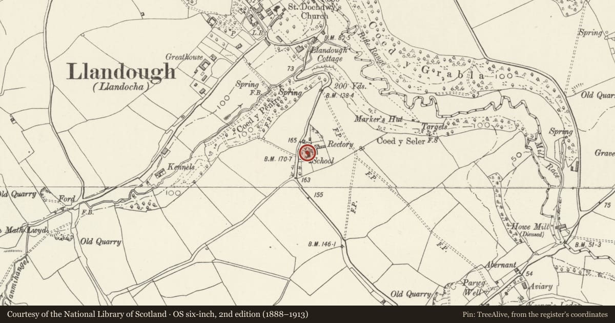 Ordnance Survey six-inch map, 2nd edition (1888–1913) covering the location of Village Hall, Llanfair, Vale of Glamorgan, with a pin at the register's coordinates