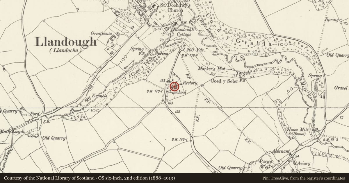 Ordnance Survey six-inch map, 2nd edition (1888–1913) covering the location of The Rectory, Llanfair, Vale of Glamorgan, with a pin at the register's coordinates