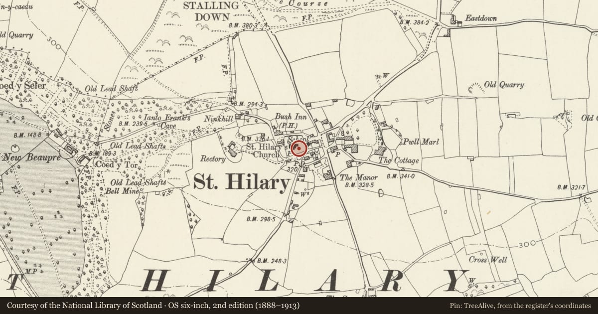 Ordnance Survey six-inch map, 2nd edition (1888–1913) covering the location of Churchyard Cross at Parish Church of St Hilary, Llanfair, Vale of Glamorgan, with a pin at the register's coordinates