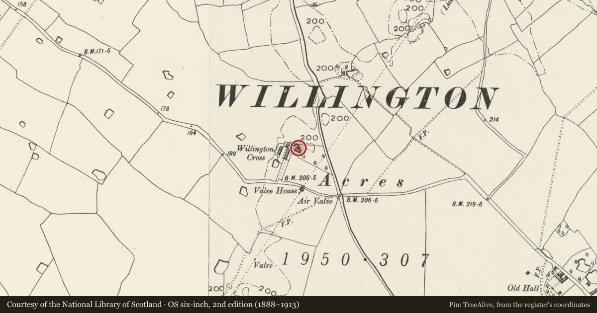 Ordnance Survey six-inch map, 2nd edition (1888–1913) covering the location of Willington Cross, Willington Worthenbury, Wrexham, with a pin at the register's coordinates