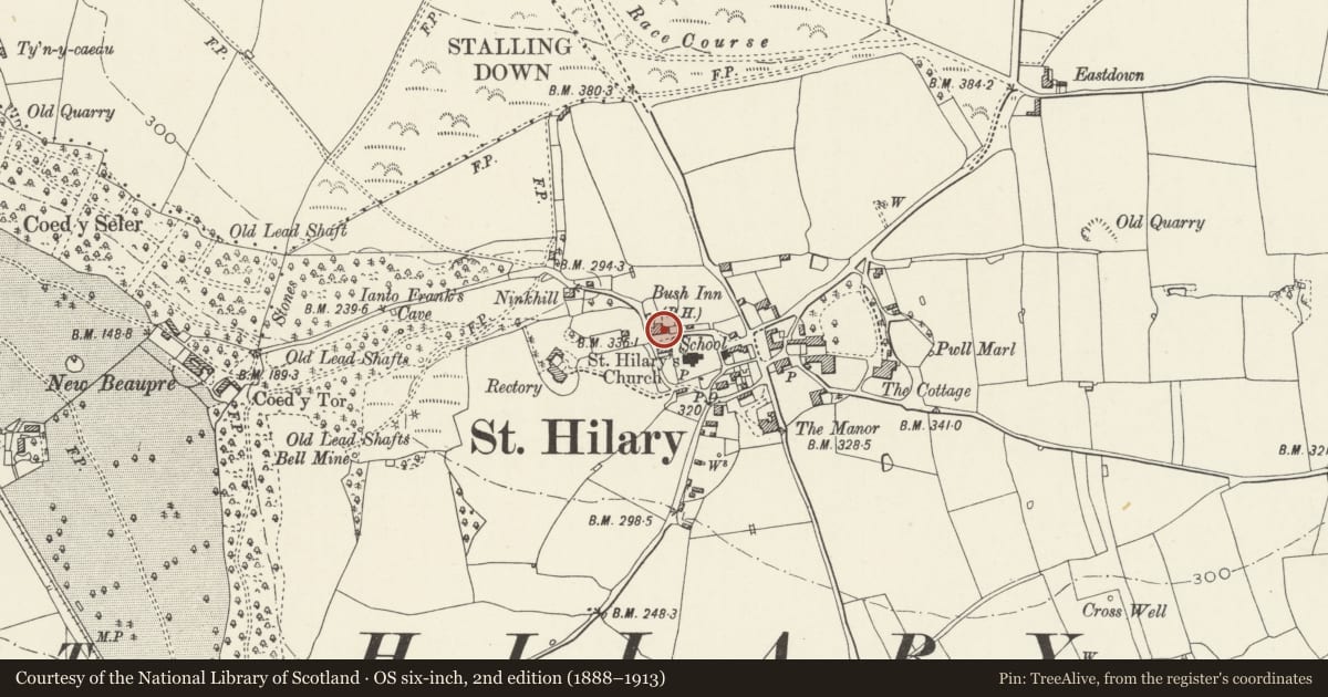 Ordnance Survey six-inch map, 2nd edition (1888–1913) covering the location of The Bush Inn PH, Llanfair, Vale of Glamorgan, with a pin at the register's coordinates