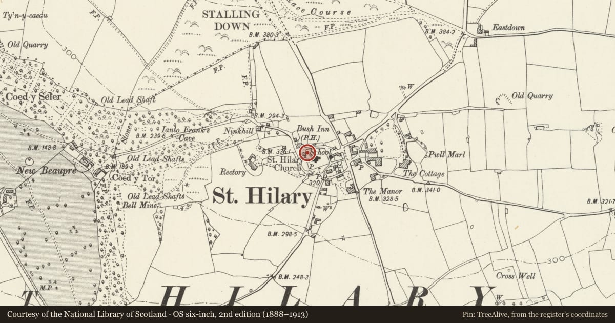 Ordnance Survey six-inch map, 2nd edition (1888–1913) covering the location of Pigsty at Church Cottage, Llanfair, Vale of Glamorgan, with a pin at the register's coordinates