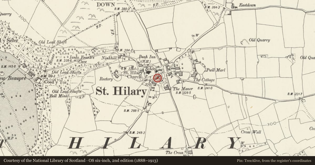 Ordnance Survey six-inch map, 2nd edition (1888–1913) covering the location of No 2 Manor Cottages, Llanfair, Vale of Glamorgan, with a pin at the register's coordinates