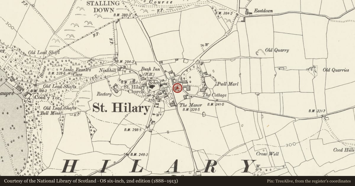 Ordnance Survey six-inch map, 2nd edition (1888–1913) covering the location of Village Farm, Llanfair, Vale of Glamorgan, with a pin at the register's coordinates