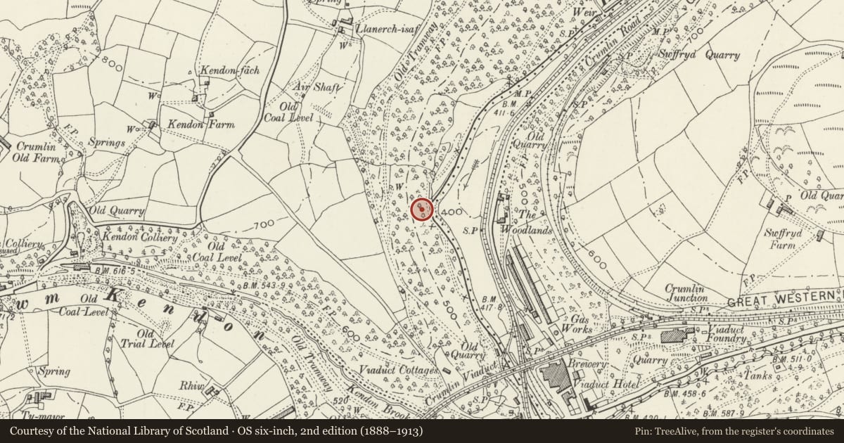 Ordnance Survey six-inch map, 2nd edition (1888–1913) covering the location of Former Navigation Colliery Powder Store and adjoining N Rear Revetment Wall, Crumlin, Caerphilly, with a pin at the register's coordinates