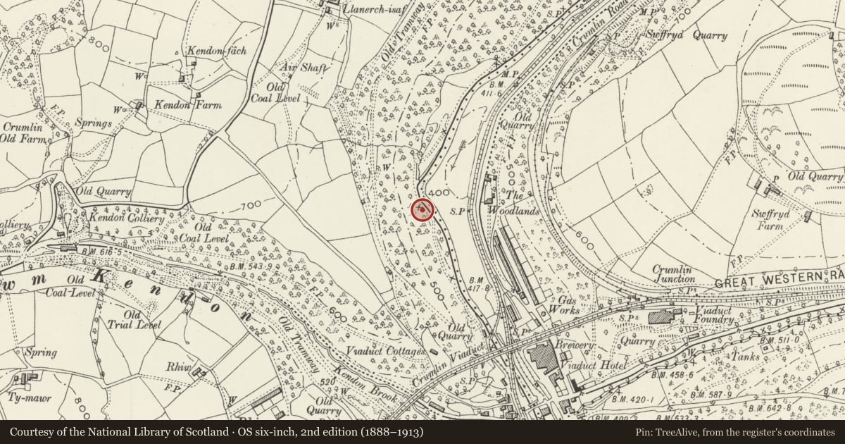Ordnance Survey six-inch map, 2nd edition (1888–1913) covering the location of Former Navigation Colliery Heapstead and Main Revetment Wall, Crumlin, Caerphilly, with a pin at the register's coordinates