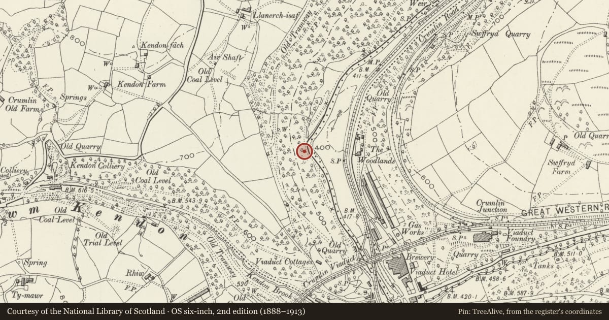 Ordnance Survey six-inch map, 2nd edition (1888–1913) covering the location of Former Navigation Colliery Middle Revetment Wall, Crumlin, Caerphilly, with a pin at the register's coordinates