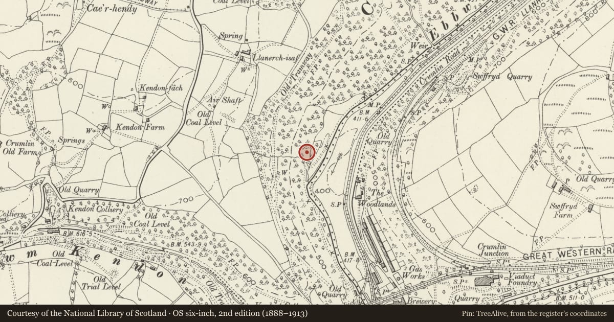 Ordnance Survey six-inch map, 2nd edition (1888–1913) covering the location of Former Navigation Colliery Baths, Crumlin, Caerphilly, with a pin at the register's coordinates