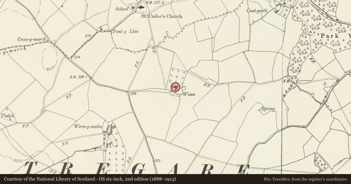 Ordnance Survey six-inch map, 2nd edition (1888–1913) covering the location of Waun Farmhouse (former), Mitchel Troy, Monmouthshire, with a pin at the register's coordinates