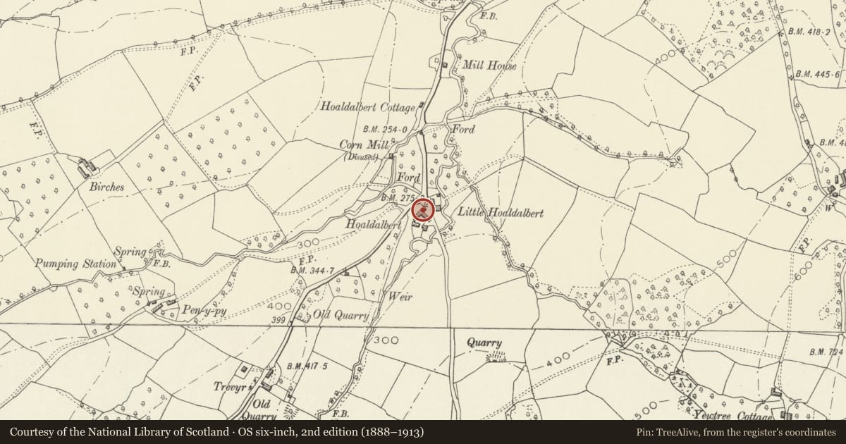 Ordnance Survey six-inch map, 2nd edition (1888–1913) covering the location of Barn and attached Hay Barn at Hoaldalbert, Grosmont, Monmouthshire, with a pin at the register's coordinates