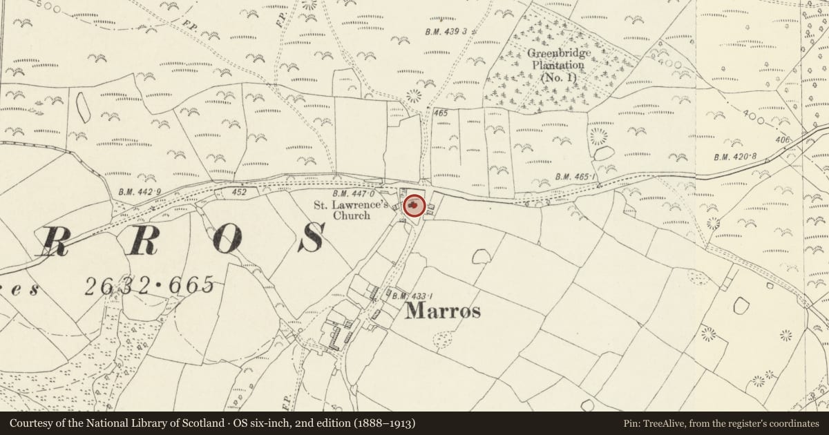 Ordnance Survey six-inch map, 2nd edition (1888–1913) covering the location of Church of Saint Lawrence, Eglwyscummin, Carmarthenshire, with a pin at the register's coordinates