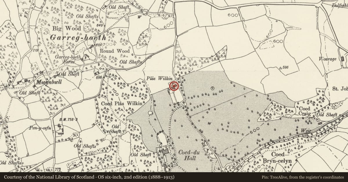 Ordnance Survey six-inch map, 2nd edition (1888–1913) covering the location of Plas Wilkin (Including attached farmyard ranges), Cilcain, Flintshire, with a pin at the register's coordinates