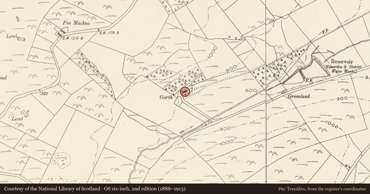Ordnance Survey six-inch map, 2nd edition (1888–1913) covering the location of Garth (Including attached byre and farmyard wall), Cilcain, Flintshire, with a pin at the register's coordinates