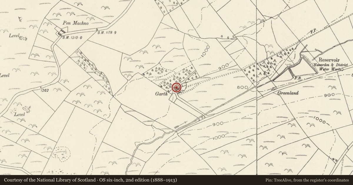 Ordnance Survey six-inch map, 2nd edition (1888–1913) covering the location of Vaulted Structure immediately to rear of Garth Farmhouse, Cilcain, Flintshire, with a pin at the register's coordinates