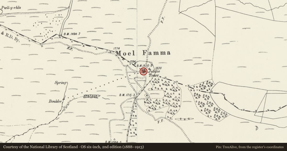 Ordnance Survey six-inch map, 2nd edition (1888–1913) covering the location of Jubilee Monument, Cilcain, Flintshire, with a pin at the register's coordinates