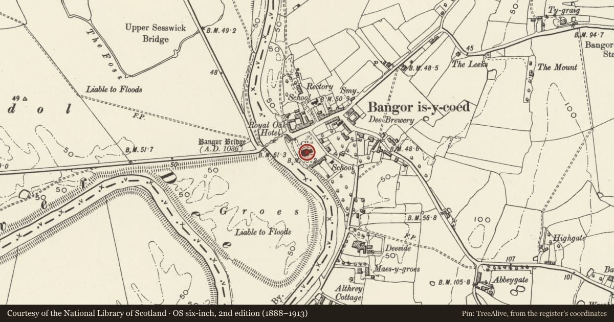 Ordnance Survey six-inch map, 2nd edition (1888–1913) covering the location of Church of St. Dunawd, Bangor is-y-Coed, Wrexham, with a pin at the register's coordinates
